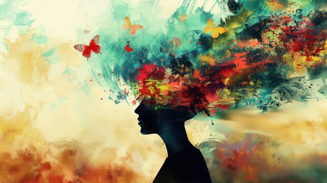 Creative expression for world schizophrenia awareness day with colorful mind imagery. Horizontal banner. Copy space. Mental Health concept. Dissociative Identity Disorder. Autism Awareness