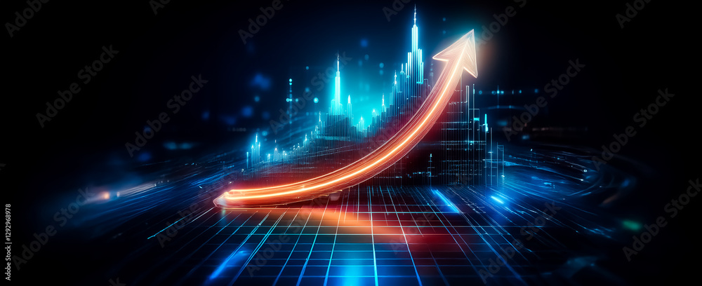 Poster futuristic digital background with an upward-pointing arrow, symbolizing growth and advancement. blu