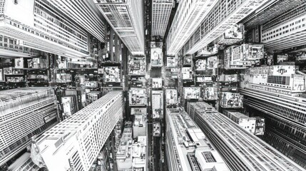 High-angle view of a city's urban street grid, skyscrapers reaching towards the viewer, buildings stretching vertically.