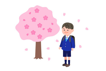 桜舞う男の子と桜の入学式イラスト