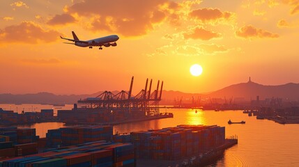 A serene sunset view featuring an airplane descending over a bustling port with shipping containers and cranes, creating a vibrant contrast of colors.cargo management warehouse scheduling