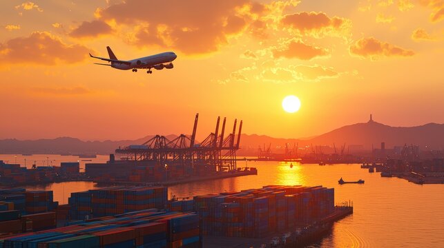 A serene sunset view featuring an airplane descending over a bustling port with shipping containers and cranes, creating a vibrant contrast of colors.cargo management warehouse scheduling