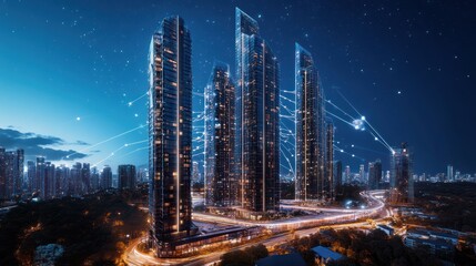 Fototapeta premium Futuristic city skyline at night with interconnected skyscrapers and glowing network connections.