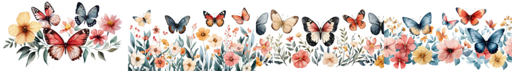 Stunning of a butterfly garden filled with a vibrant and delicate floral pattern  The design features a variety of butterflies flowers and botanical elements in a lush romantic and composition