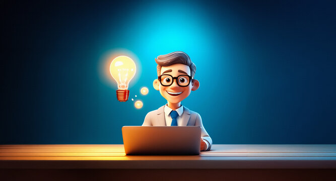A cartoon man with glasses smiles while sitting at a desk and using a laptop.  A glowing light bulb appears above his head, symbolizing a bright idea or inspiration in a digital workspace.