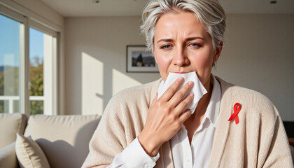 Elderly woman with silver hair coughing into tissue, awareness of tuberculosis, natural light