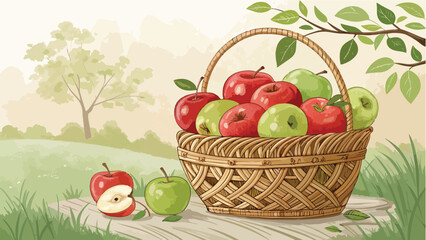 Apple Illustration vector design, Red Apples in wicker basket in natural background Illustration design