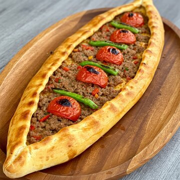 urkish minced meat pide, shaped like a boat, topped with seasoned ground beef, peppers, and tomatoes