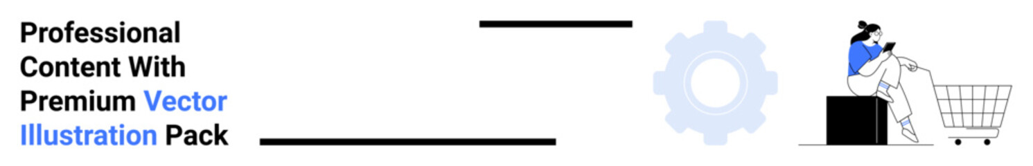 Woman seated near a shopping cart, interacting on her smartphone. Ideal for e-commerce, digital shopping, retail, technology, marketing, consumer behavior, online business flat landing page banner