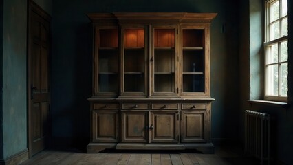 A vintage wooden display cabinet stands in a dimly lit room, bathed in soft light, exuding an antique charm against a backdrop of aged walls and a weathered window.