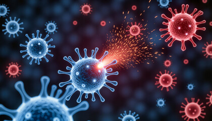 Obraz premium Artistic digital representation of immune cells attacking tuberculosis bacteria in vivid colors