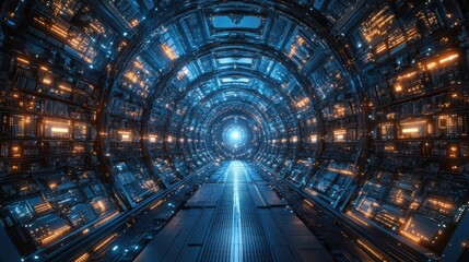 Futuristic Digital Corridor with Glowing Lights and Technology