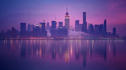 Obraz premium Cityscape skyline silhouette at dusk, with lights reflecting on the water