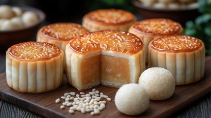 Mid-Autumn Mooncakes, sliced, on wooden board with treats, blurred background
