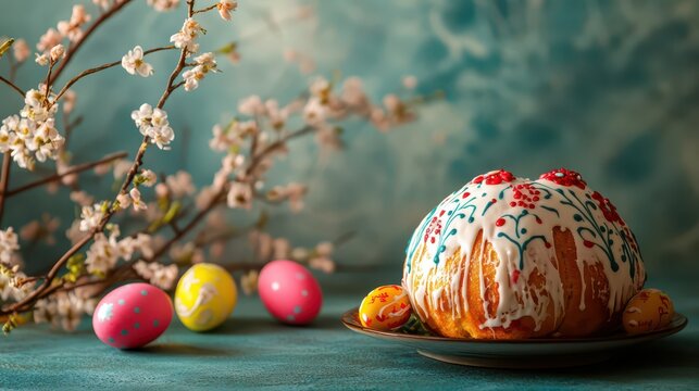 Festive orthodox easter celebration with decorated cake and colorful eggs. Horizontal banner. Copy space