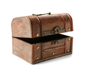 Empty old wooden chest isolated on white background
