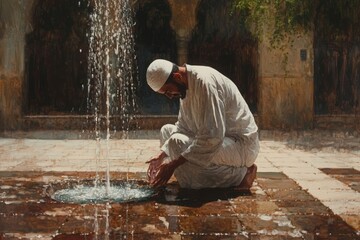 Purification Ritual: Capturing a moment of serene devotion, a man in traditional attire performs ritual ablutions at a fountain, highlighting the sacred and reflective ambiance.