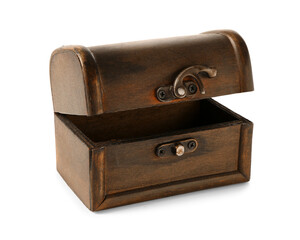 Empty old wooden chest isolated on white background