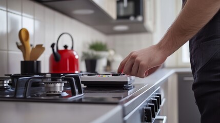 A technician installing a carbon monoxide detector near a gas-powered appliance. Featuring safety and expertise