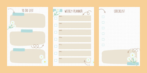 Checklist, weekly planner template, notebook sheets, Hand drawn illustration in simple cute style. Set up a to do list. Template for daily list, don't forget, pointers, planners. Vector illustration