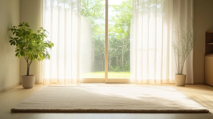 Stylish minimalist interior with a lone beige rug, focusing on space, balance, and calmness