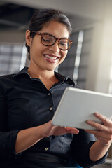Business woman, smile and tablet in office for public relations email or press release update....