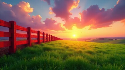Obraz premium Serene Sunset Over Lush Green Meadow with Vibrant Red Fence