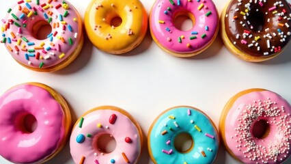 Fototapeta premium A delightful arrangement of colorful, glazed donuts, each adorned with sprinkles, creates a sweet and tempting visual feast.