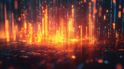 Obraz premium Abstract Digital Landscape Featuring Vibrant Orange and Blue Light Columns Representing Data Streams in a Futuristic Technology Environment