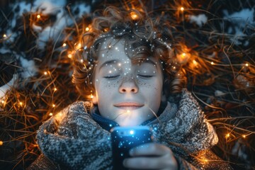 A child lies peacefully on the ground, surrounded by twinkling lights, while gazing at a glowing phone, evoking a sense of wonder and serenity.