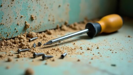 Close-up view of a hand tool resting amidst scattered screws and wood dust on a work surface