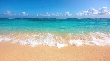 Fototapeta premium Tropical Beach Waves, Calm Ocean, Sunny Day, Perfect Vacation, Peaceful Scene, Perfect Background, Image for Travel Brochure, Relaxing Atmosphere