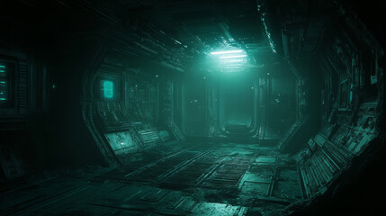 haunting view of abandoned space station corridor with eerie lighting. atmosphere is dark and mysterious, evoking sense of isolation