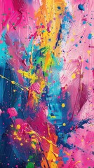 Bright Holi colors collide in an abstract creation with bold splashes of pink, blue, green, yellow, and hints of orange, creating a lively atmosphere