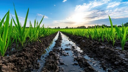 Obraz premium Lush green rice field under a bright sky with water-filled furrows.