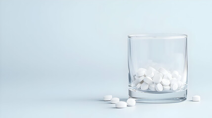 White pills in glass, blue background, healthcare