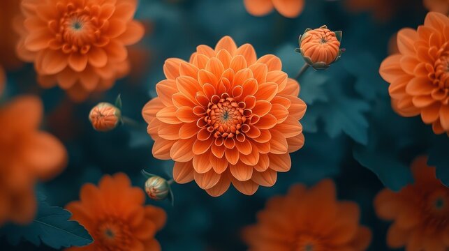 Vibrant orange dahlia flowers in garden setting