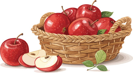 Red Apples in wicker basket with Apple Slice in Isolated background, Red Apple Illustration vector design