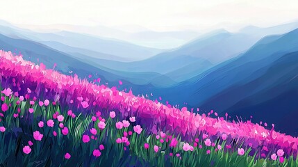 Fototapeta premium A field of pink flowers in front of a mountain range with a blue sky as background