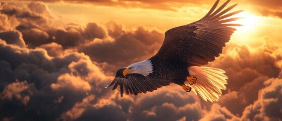 Majestic bald eagle soaring through vibrant s et clouds, showcasing its powerful wings
