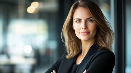 Obraz premium Confident businesswoman in a modern office, embodying professionalism and leadership.