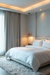 Serene Bedroom Interior Design Featuring Soft Lighting, Plush Bedding, and Textured Walls