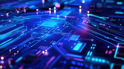 Fototapeta premium Abstract close-up view of illuminated circuit board with glowing components.