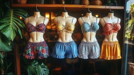 Colorful bras and shorts on mannequins in a shop, plants in background