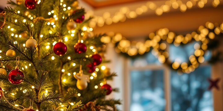 Festive Christmas tree with colorful ornaments and twinkling lights in cozy holiday interior setting, twinking lights, festive