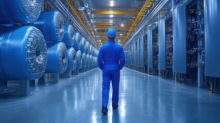 Worker in Blue Uniform Observing Modern Industrial Facility