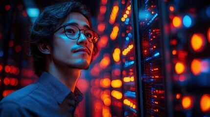 Young Man in Glasses Pondering in High-Tech Data Center Environment