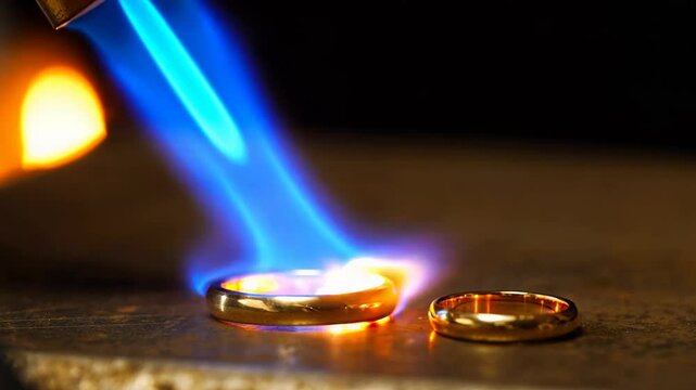 Goldsmith using a blowtorch with intense blue flames to heat a gold ring for reshaping or repairing in a jewelry workshop.