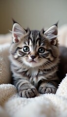 Fluffy grey British long hair kitten laying on soft blanket, cozy, adorable, grey