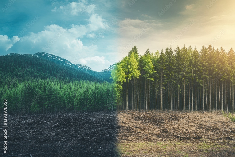 Poster contrast between deforested land and thriving forest highlighting the importance of nature conservat
